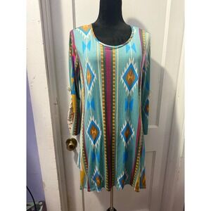 R. Rouge Aztec Print Asymmetrical Hem Lace Sleeve Tunic Top Blue 1X